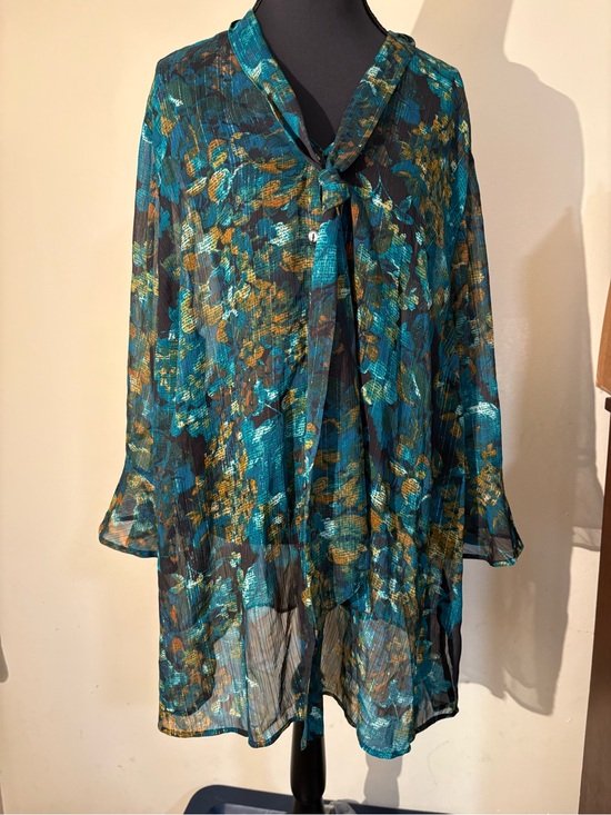 Catherines Tops - Sheer Teal & Gold Floral Tie-Neck Blouse-with Glimmering Silver Threading!